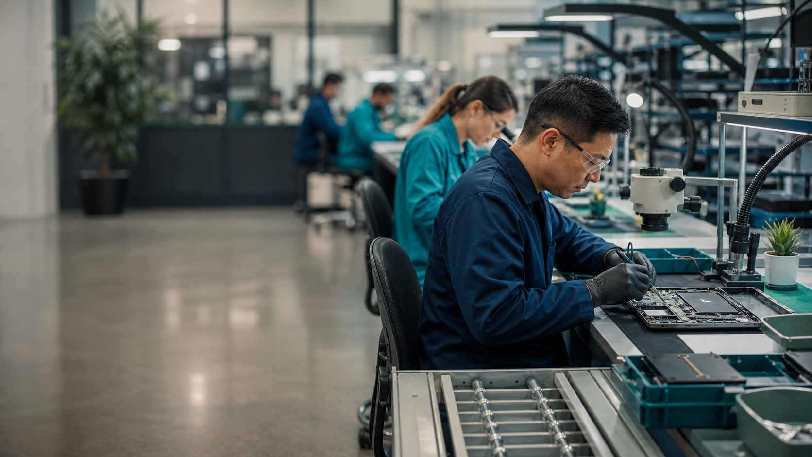 Technicians repairing electronics on a professional repair line